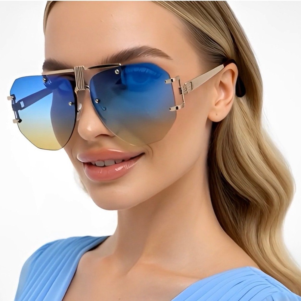 Rimless Sunglasses Women‎ Fashion Blue Yellow Lens Unique Design Gold Frame New